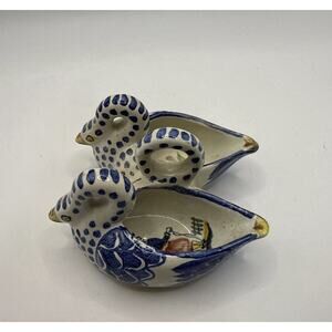 VTG Henriot Quimper Open Salt Cellar French Faience Majolica Double Swans Signed